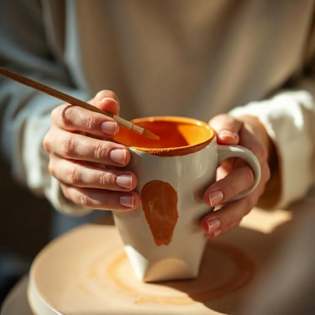 Hände bemalen eine Keramiktasse