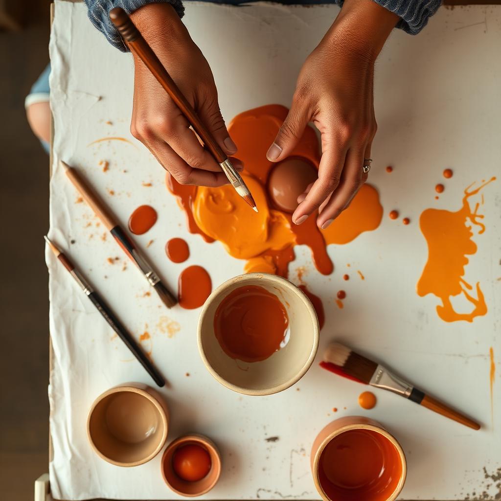 Farben, Pinsel und Keramik von oben